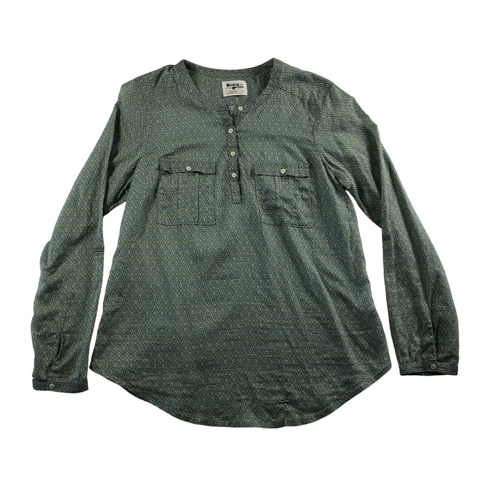 Holding Horses Anthropologie Green Blue Geometric Cotton Henley Blouse Size 10